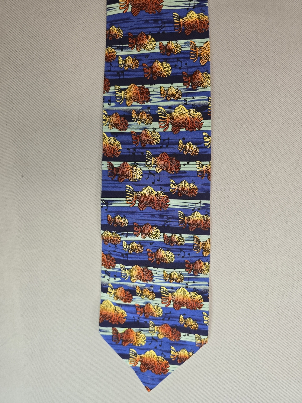 J. Garcia Blue Tie with Orange and Yellow Fish Pattern